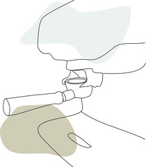 Manual coffee machine and filter holder. Vector line art with abstract color spots.