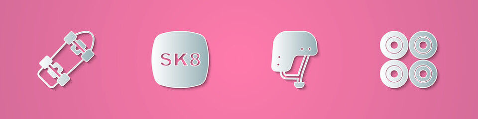 Set paper cut Skateboard, , helmet and wheel icon. Paper art style. Vector