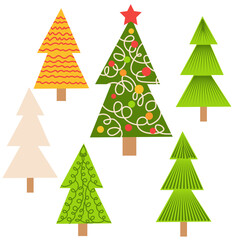 set of christmas trees. Hand drawing winter background with fir tree, Christmas ornaments, stars and snowflakes