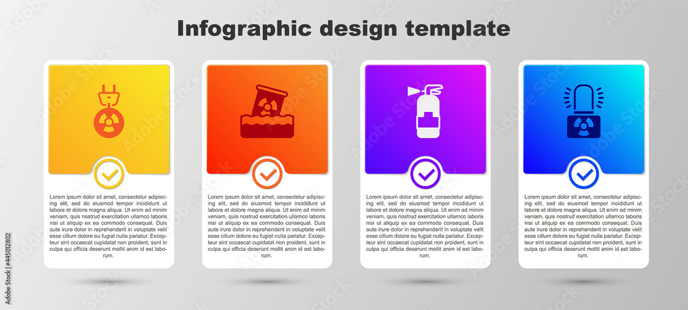 Sticker Set Radiation electrical plug, Radioactive waste in barrel, Fire extinguisher and warning lamp. Business infographic template. Vector