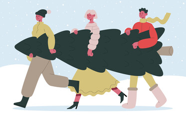 People carry Christmas tree. Christmas holiday preparation, friends carrying Christmas fir tree vector illustration. Winter holiday preparation