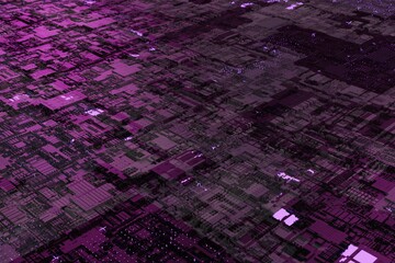Futuristic circuit board background. Abstract illustration in 3d. Motherboard system chip with neon-glow elements. The internet and computer technology concept