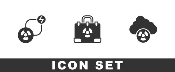 Set Radioactive exchange energy, Radiation nuclear suitcase and Acid rain and radioactive cloud icon. Vector