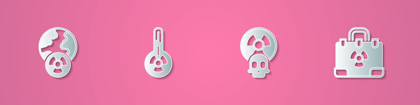 Set paper cut Planet earth and radiation, Meteorology thermometer, Radioactive and Radiation nuclear suitcase icon. Paper art style. Vector