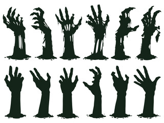Zombie hands silhouette. Creepy zombie crooked lambs stick out of graveyard ground vector illustration set. Halloween zombie hands - obrazy, fototapety, plakaty