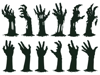 Fotobehang Zombie hands silhouette. Creepy zombie crooked lambs stick out of graveyard ground vector illustration set. Halloween zombie hands © WinWin