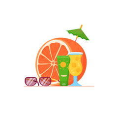 Summer time composition with orange, sunglasses, sun cream, umbrella, and cocktail. Colorful illustrations