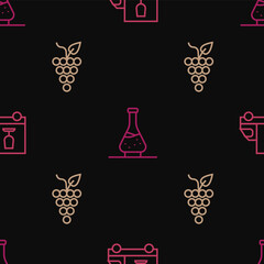 Set line Wine truck, Bunch of grapes and Decanter for wine on seamless pattern. Vector