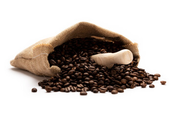 Coffee spoon on bag isolated on white background