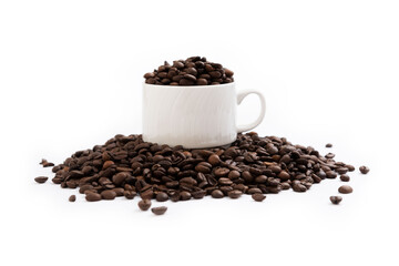 Coffee mug fulled of coffee beans isolated
