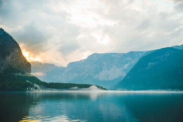 panoramic view of hallstatt sea at misty weather