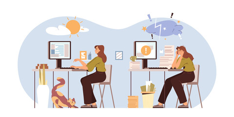 Professional burnout syndrome vector illustration. Happy and exhausted woman office worker sitting at the table with high and low energy levels. Concept of stress, tiredness, mental health problems.