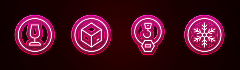 Set line Fragile broken glass, Carton cardboard box, Industrial hook and Snowflake. Glowing neon icon. Vector
