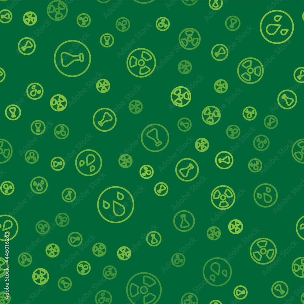 Poster set line test tube and flask, water drop and radioactive on seamless pattern. vector