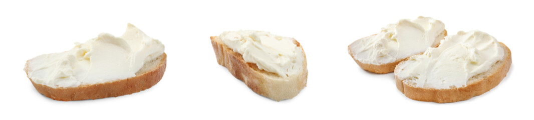 Set of bread with cream cheese on white background. Banner design