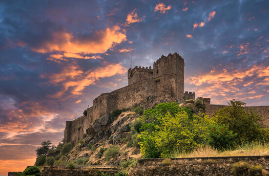 Medieval Castle With A Dramatic Sky, Located In Alburquerque, Extremadura, Spain.