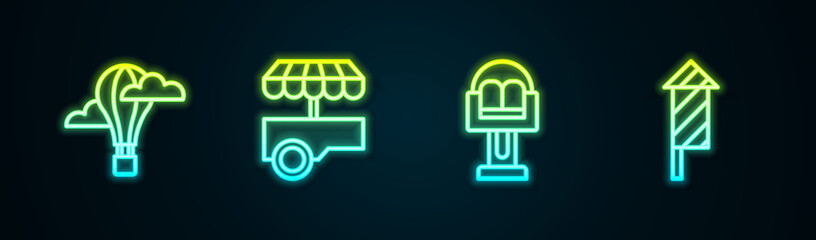 Set line Hot air balloon, Fast street food cart, Attraction carousel and Firework rocket. Glowing neon icon. Vector