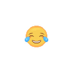 Pixel art Laughing Tears Emoji face icon. Vector cute pixel Tears of Joy emoticon. Lol Emoji in retro pixel 8 bit style. Laughing smiling eyes emoji yellow face isolated icon.