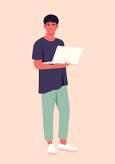 Portrait of a smiling Asian guy with a laptop. The student stands at full height. Vector flat illustration.