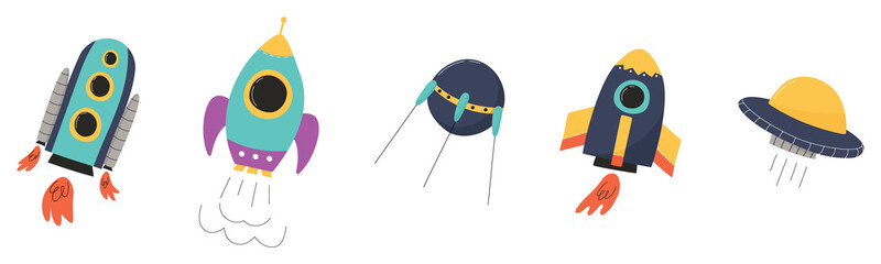 Collection of cute hand drawn spaceships. Flat vector illustration for children. © lumionary