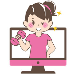 [美容・健康・筋トレ]ダンベルを持ってエクササイズをしている笑顔のお団子頭の女性[ダイエット]