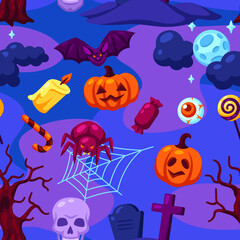 Happy Halloween seamless pattern with celebration items. Background for party.