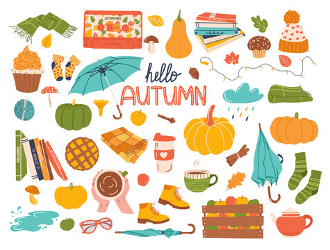 Vector set of autumn icons: pumpkin, scarf, hat, blanket, umbrella, leaves and others. "Hello Autumn" lettering. Hand drawn fall elements for scrapbooking or stickers. Vector illustration.