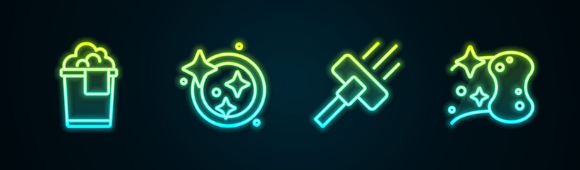 Set line Bucket with foam, Washing dishes, Vacuum cleaner and Sponge. Glowing neon icon. Vector
