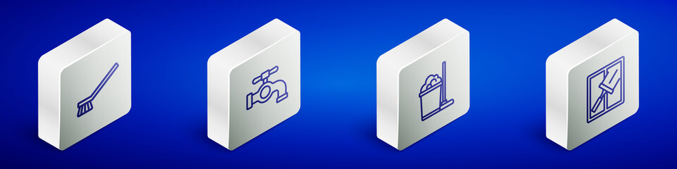 Set Isometric line Brush for cleaning, Water tap, Mop and bucket and Rubber cleaner windows icon. Vector