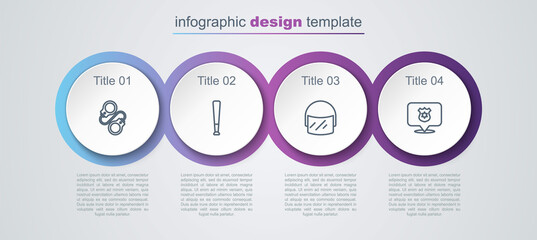 Set line Handcuffs, Baseball bat, Police helmet and badge. Business infographic template. Vector