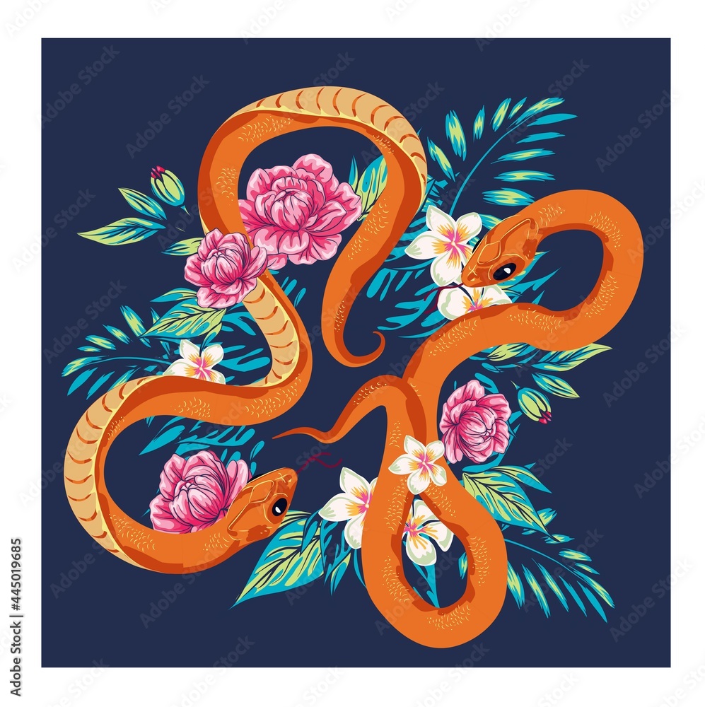 Wall mural Snake vector with flower design illustration. bright snake vector and cherry blossom spring season vector background illustration. Hand drawn illustration for t-shirt printing, fabric and other purpos