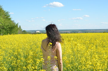 Fototapeta premium field, woman, nature, summer, spring, flower, flowers, beauty, yellow, meadow, happiness, freedom, grass, sky, people, outdoors, child, joy, smile, family, sun, outdoor, person, fun, smiling, dandelio