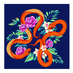 Snake vector with flower design illustration. bright snake vector and cherry blossom spring season vector background illustration. Hand drawn illustration for t-shirt printing, fabric and other purpos
