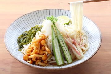 なめこおろしと夏野菜の冷しうどん