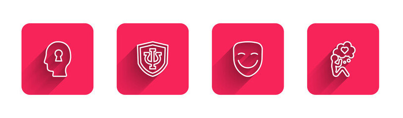 Set line Solution to the problem, Psychology, Psi, Comedy theatrical mask and Head with heart with long shadow. Red square button. Vector