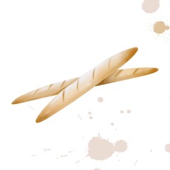 Watercolor digital illustration of two wheat bread baguettes made of white flour with a ruddy crust on a white background with watercolor inclusions with a copy of the space. Close-up