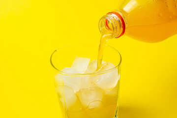 Carbonated orange juice is poured into a glass with ice. Refreshing drink on a yellow background.