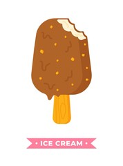 Vector illustration of chocolate ice cream with nuts on a stick isolated on white background with inscription. Vanilla flavored cone and covered with chocolate ice cream.