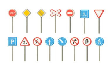 Illustration of various road signs isolated on a white background. Set of road signs, flat design, traffic safety