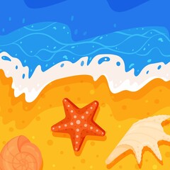 Obraz na płótnie Canvas Vector cartoon style sea shore background with colorful seashells. Nice sunny day.