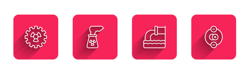 Set line Radioactive, Nuclear power plant, Wastewater and Atom with long shadow. Red square button. Vector