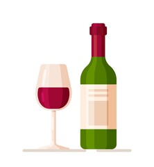 Vector illustration of a bottle of red wine. Transparent crystal wine glass. 