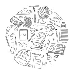 Set of school and science supplies. Vector illustrations. Freehand drawing.