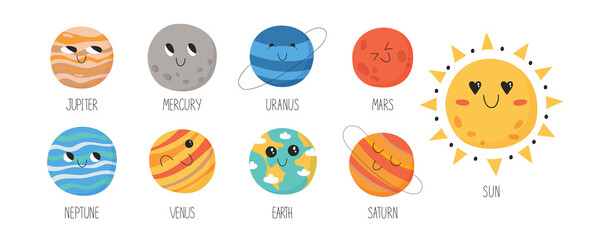 Collection of solar system planets. Cute hand drawn vector illustration for children. © lumionary