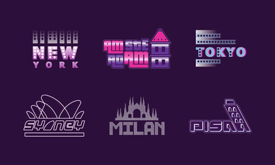 City and Biggest Capitals Name Design Vector Set