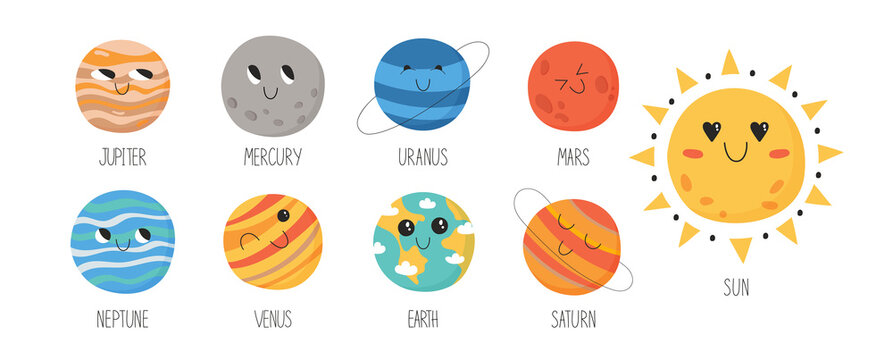 Collection of solar system planets. Cute hand drawn vector illustration for children.