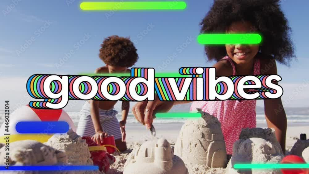 Sticker Animation of text vibes over people by seaside