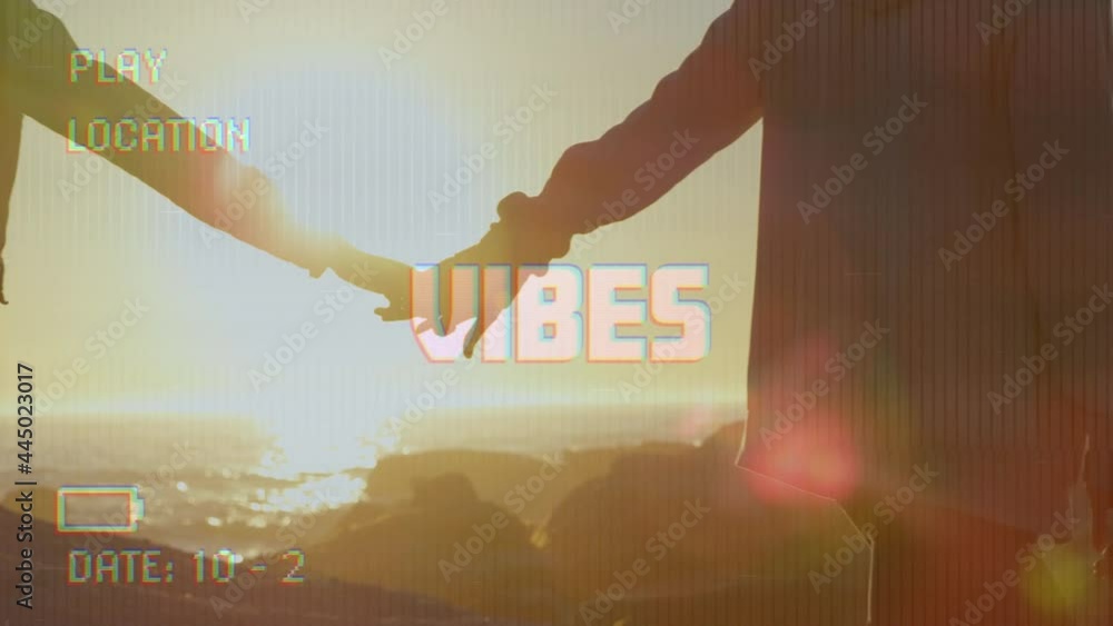 Poster animation of text vibes over people by seaside