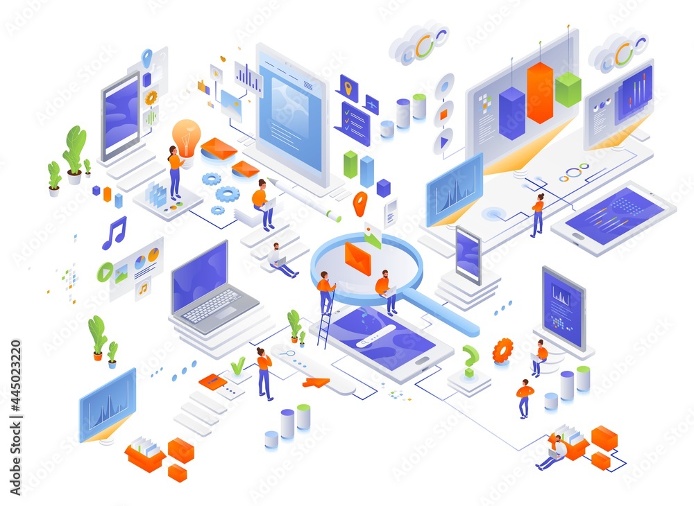 Wall mural data management, creating website content, searching for information, vector isometric icon set.