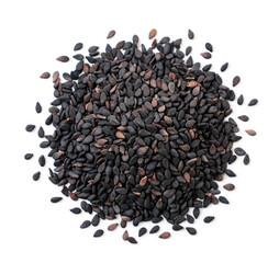 Heap of black sesame seeds on white background, isolated. Top view